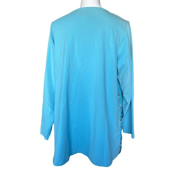 Skye's The Limit Top Blouse Plus S 1X Blue Mesh Floral Embroidery Long Sleeve - Picture 2 of 10